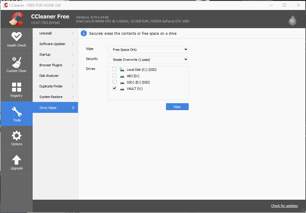 Using CCleaner’s built in disk wiper tool.