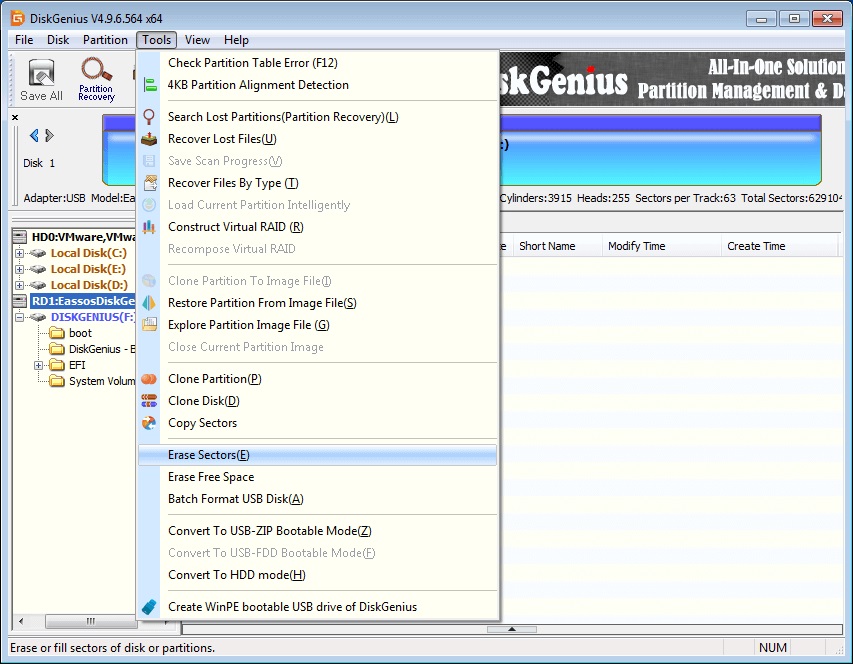 DiskGenius hard drive wiping option.