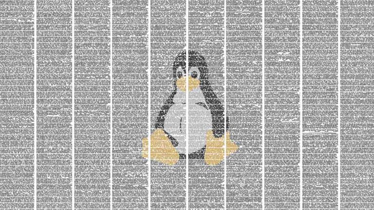 Tux behind a wall of source code.