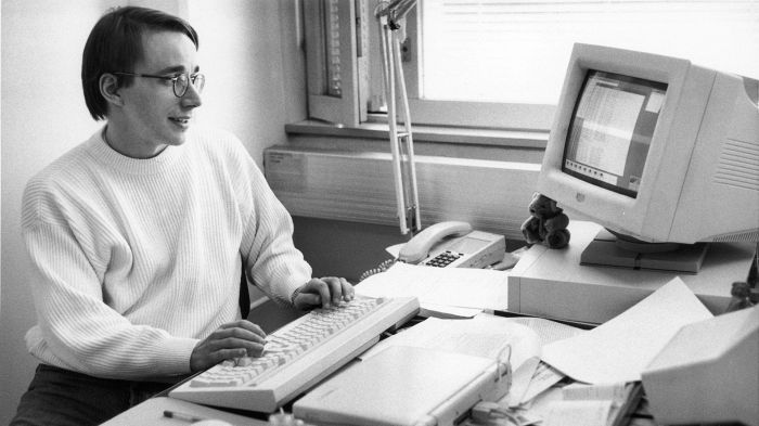 A young Linux Torvalds working on the early versions of the Linux Kernel.